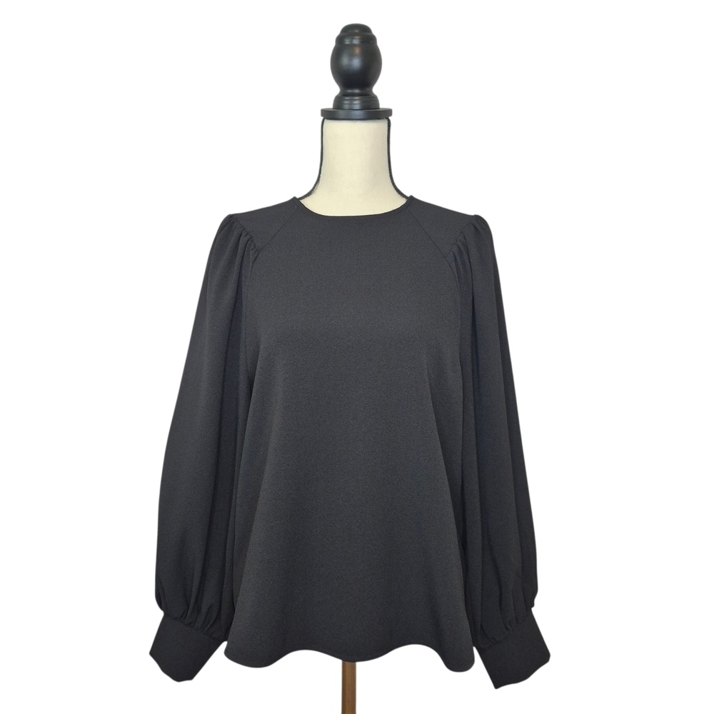 Ganni Top Clark Heavy Crepe Black Long Balloon Sleve Round Neckline Size 38